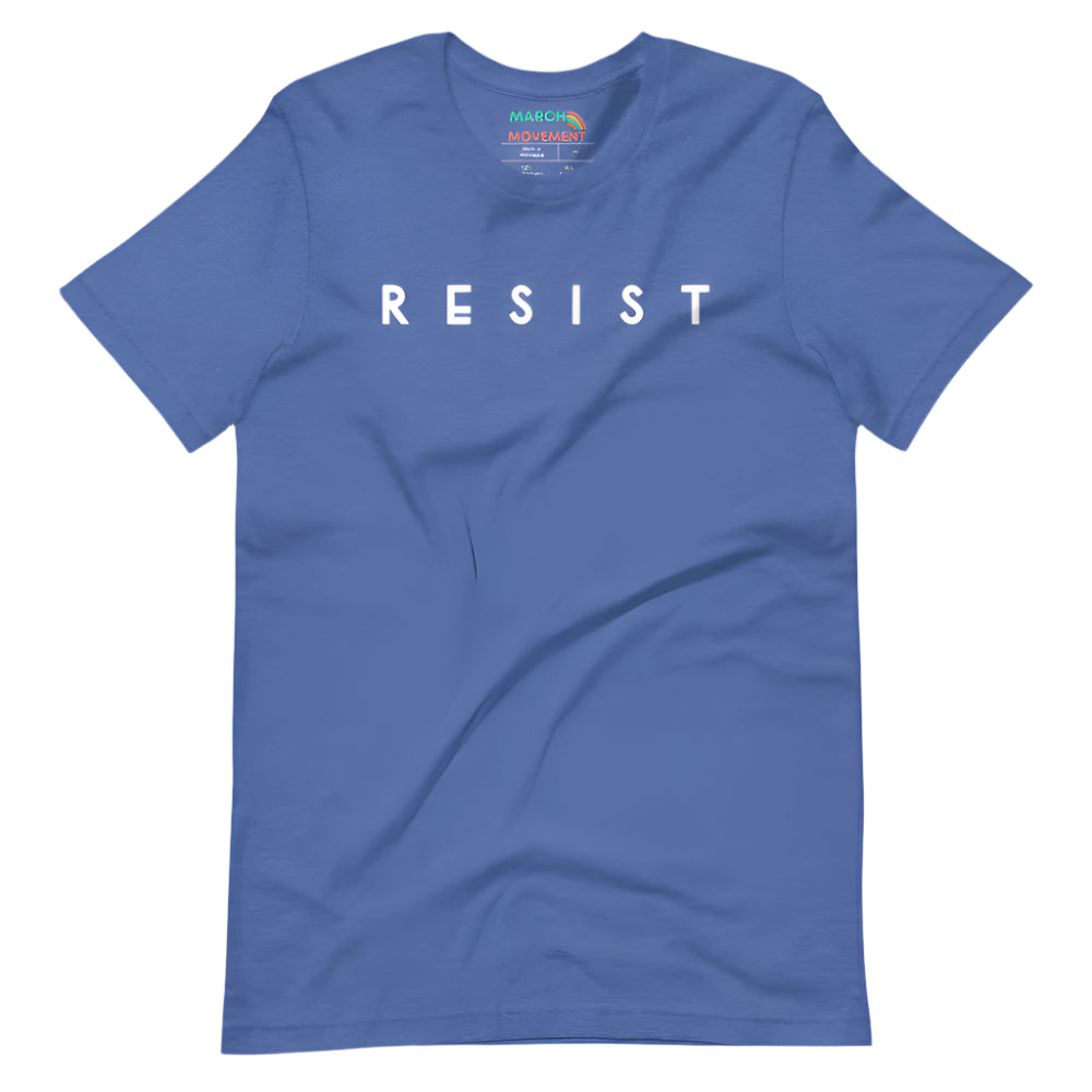 Product mockup of blue t shirt with the word resist