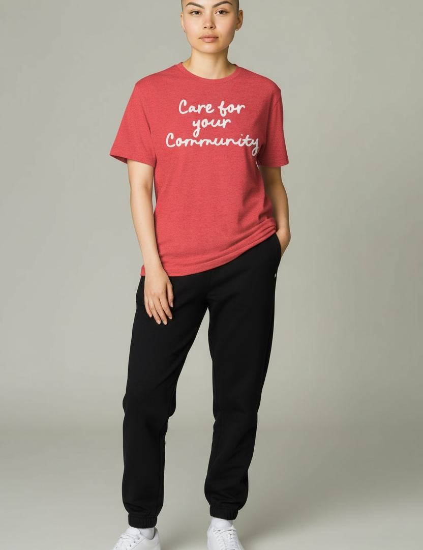 A nonbinary person standing against a white background wearing a red t shirt with white cursive font that reads "care for your community." 