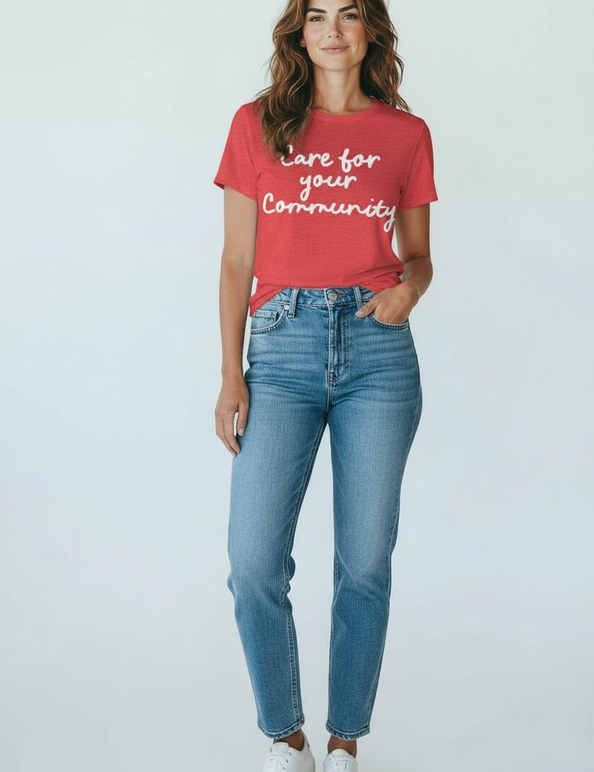 A woman standing against a white studio background wearing a red t shirt with white font that reads "care for your community" 