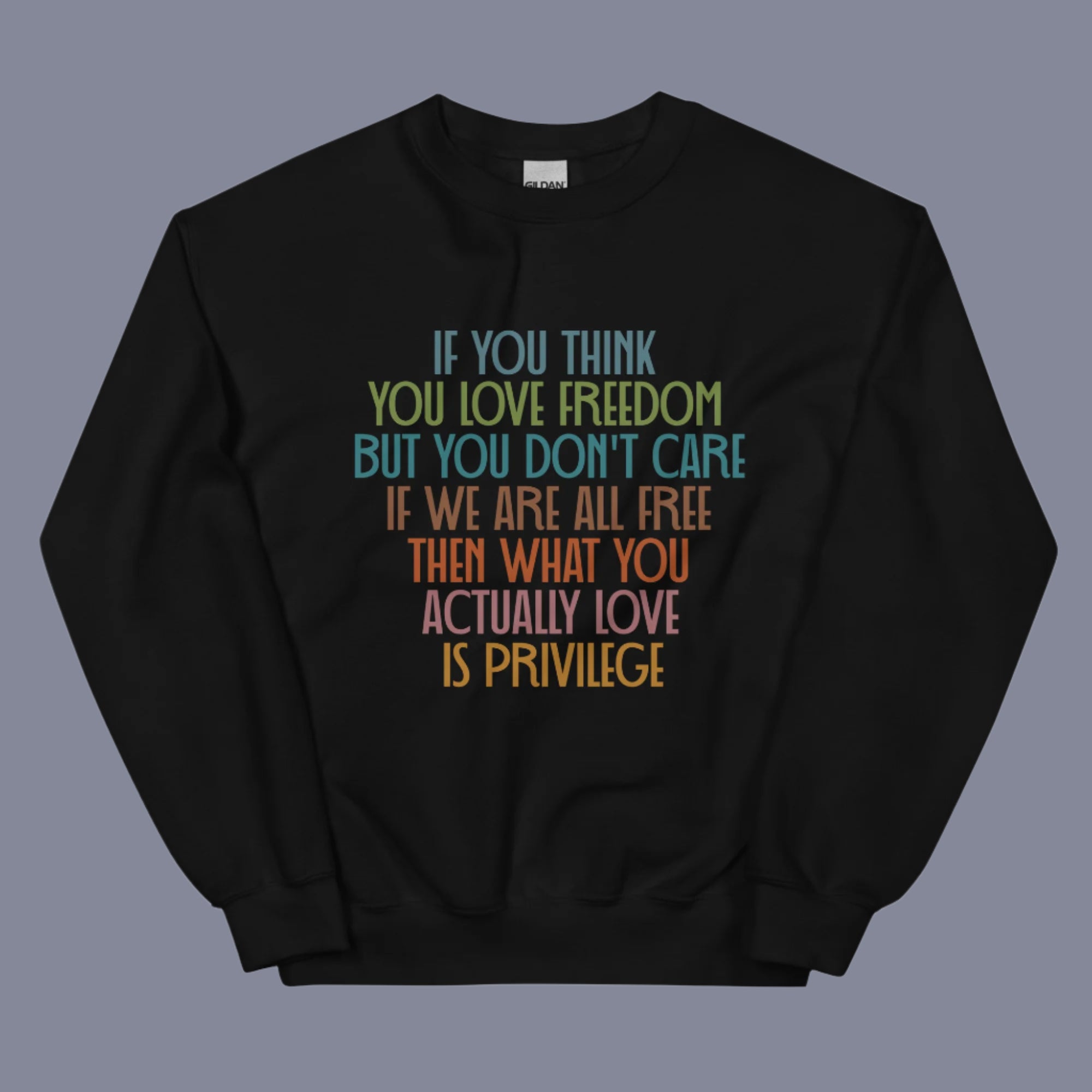 Flat lay of a black sweatshirt on a neutral background. The sweatshirt features a bold, multicolored quote across the chest that reads: "If you think you love freedom but you don't care if we are all free then what you actually love is privilege."