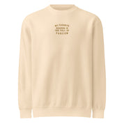 Beige sweatshirt with gold embroidered text that reads "my favorite season is the fall of fascism" on a white background
