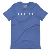 Product mockup of blue t shirt with the word resist 